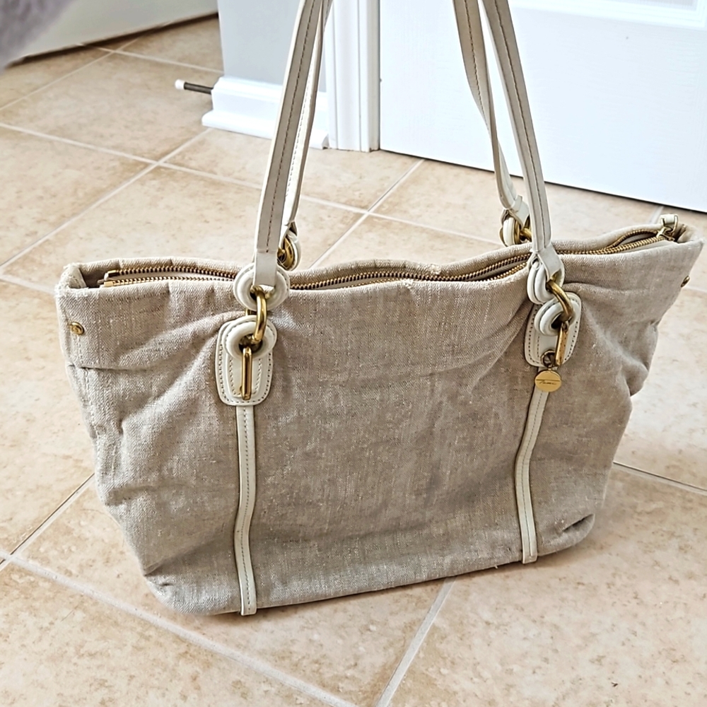 Tumi Medium Gold Canvas & Cream Leather Tote